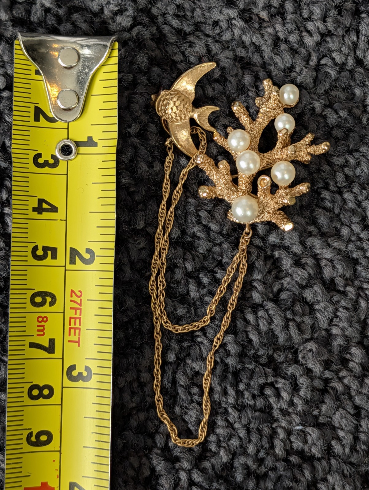 RARE Crown Trifari Chatelaine Double Brooch Pin Fish & Gold Tone Coral Pearls