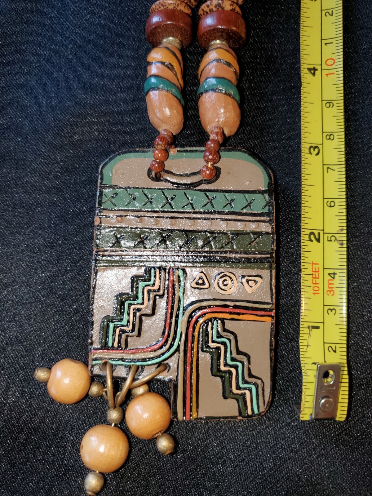 Vintage Southwest Wood and Ceramic Necklace Pendant