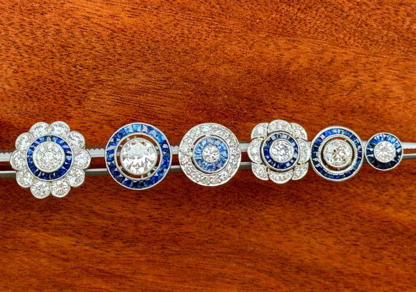 ART DECO STYLE .55 ctw DIAMOND w/ SAPPHIRE HALO PLATINUM EVERYDAY STUD EARRINGS
