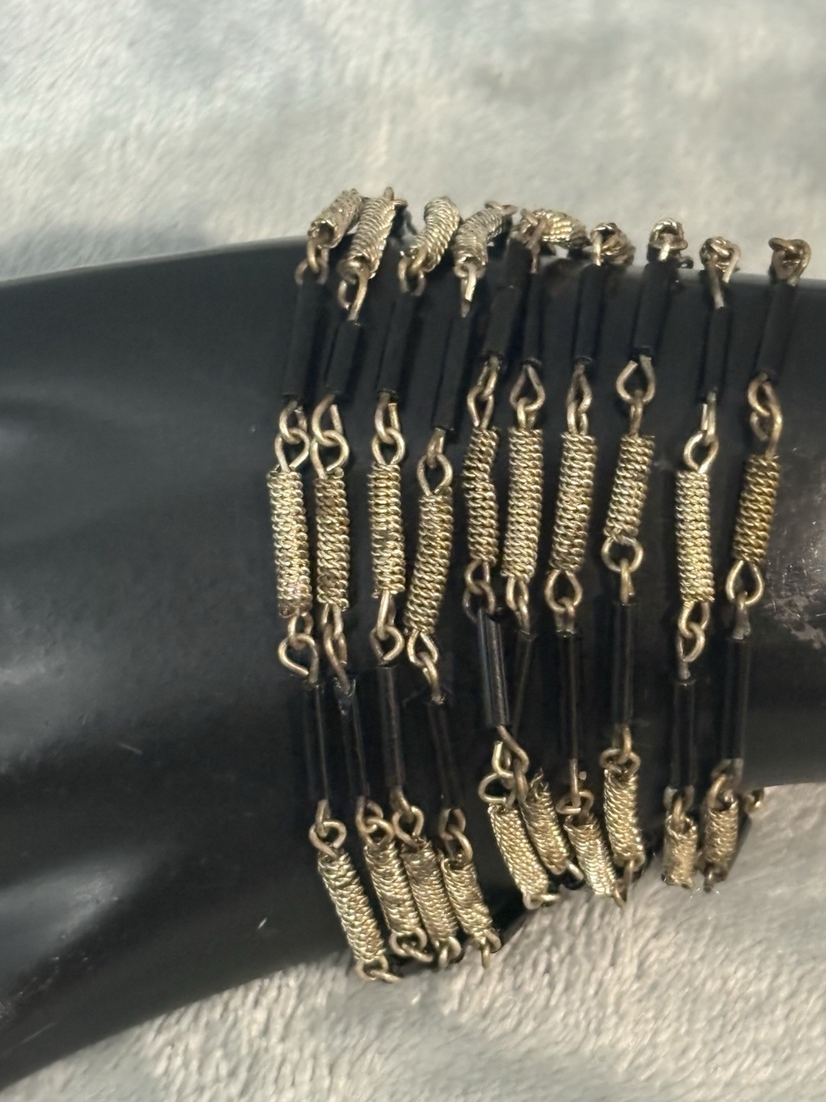 Vintage Multi Strand Wire Wrap Bracelet Filigree Black Tube Bead Metalwork 6.4”