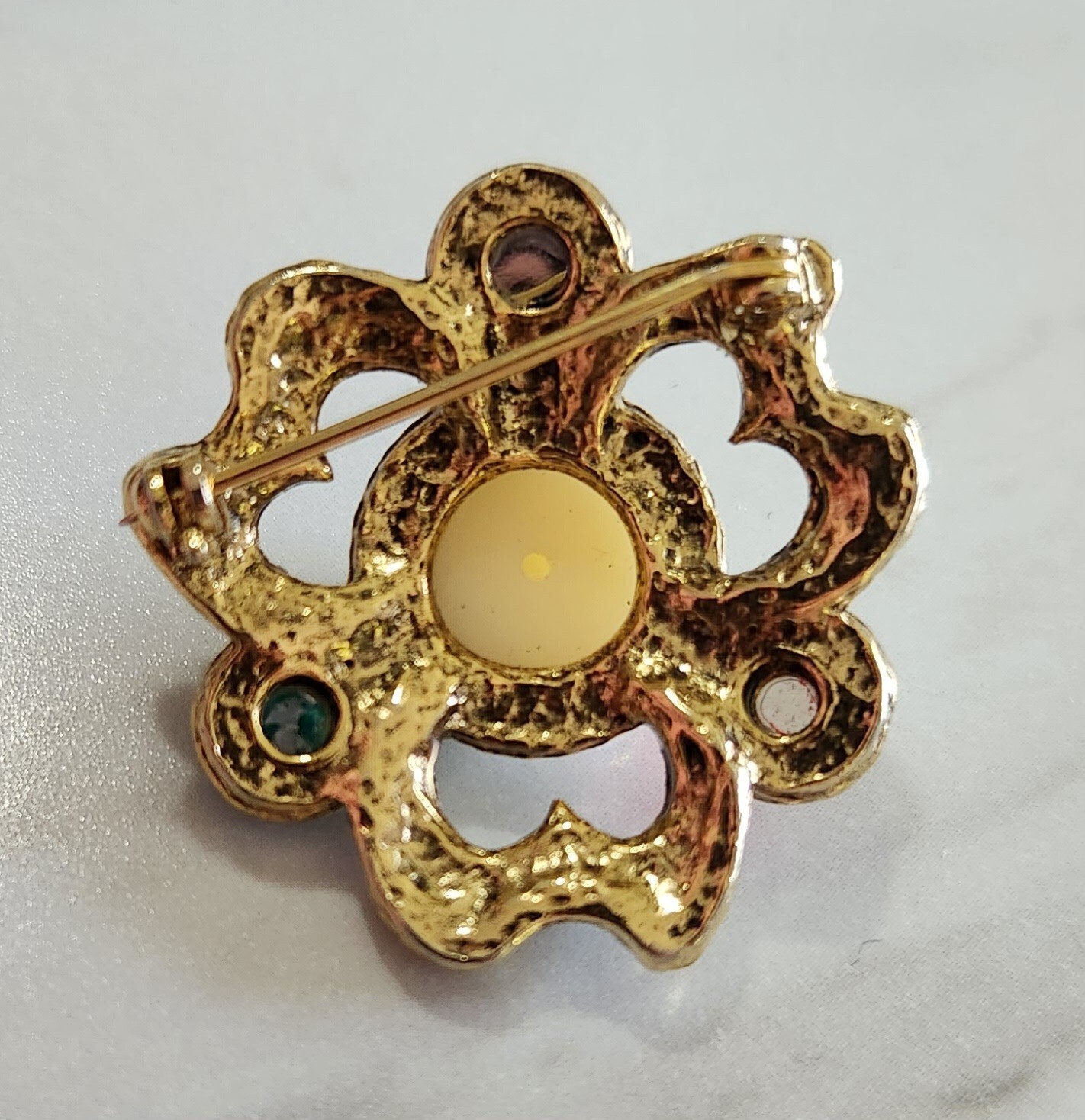 Vintage Faux Cabochon Pearl, Emerald, Ruby, & Sapphire Gold Tone Brooch