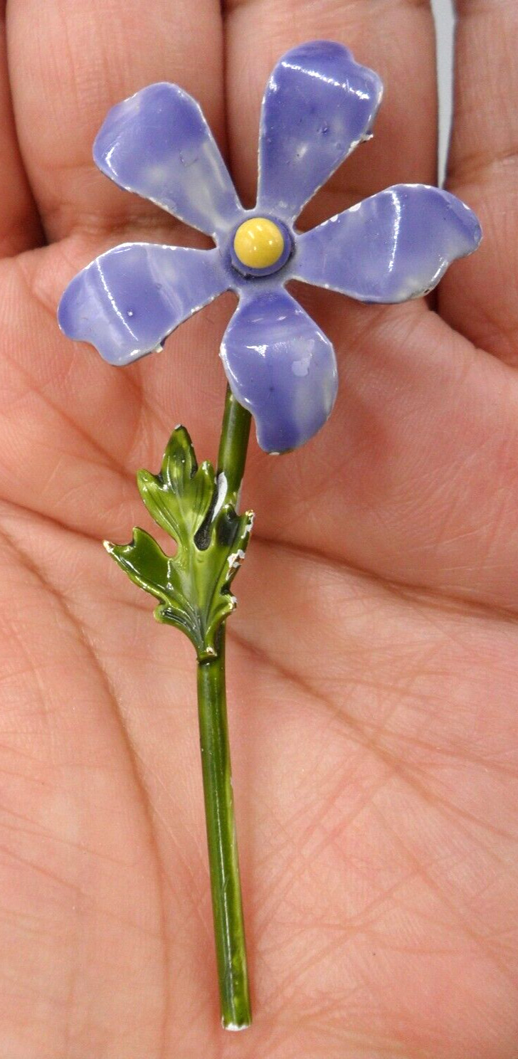 Vintage Flower Stem Brooch Periwinkle Vinca Blue Violet Purple Dimensional 3″