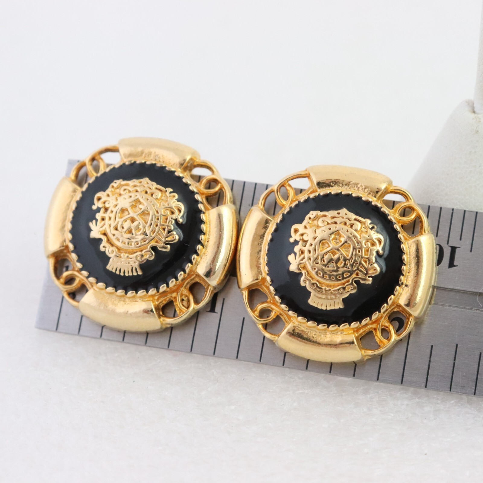 Vintage Gay Boyer Nautical Clip Earrings Round Dome Black Enamel Gold Tone
