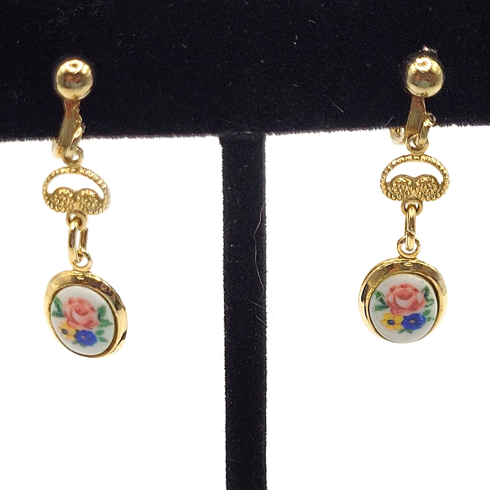 Petite Hand Painted Flowers Porcelain Gold Tone Drop Dangle Vintage Earrings