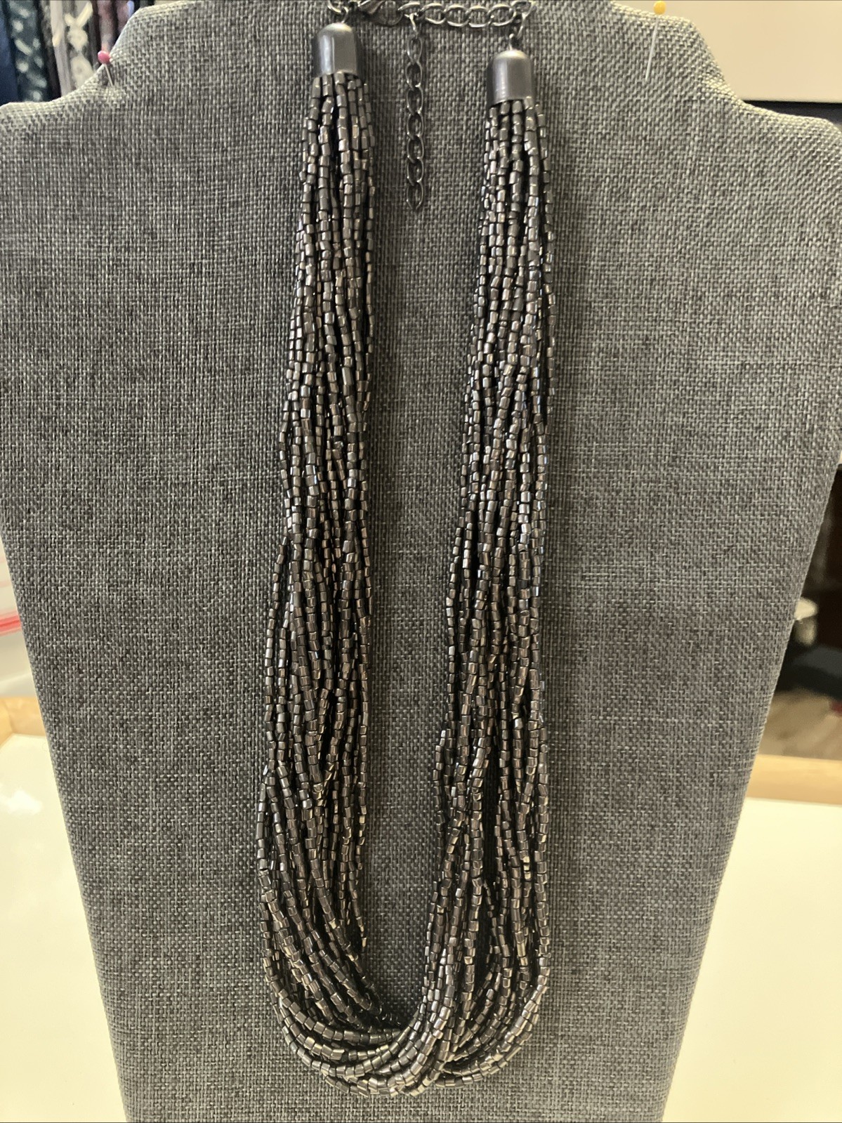 Vintage Black Glass Bead Multi Strand Necklace Classic Elegant Layered Women