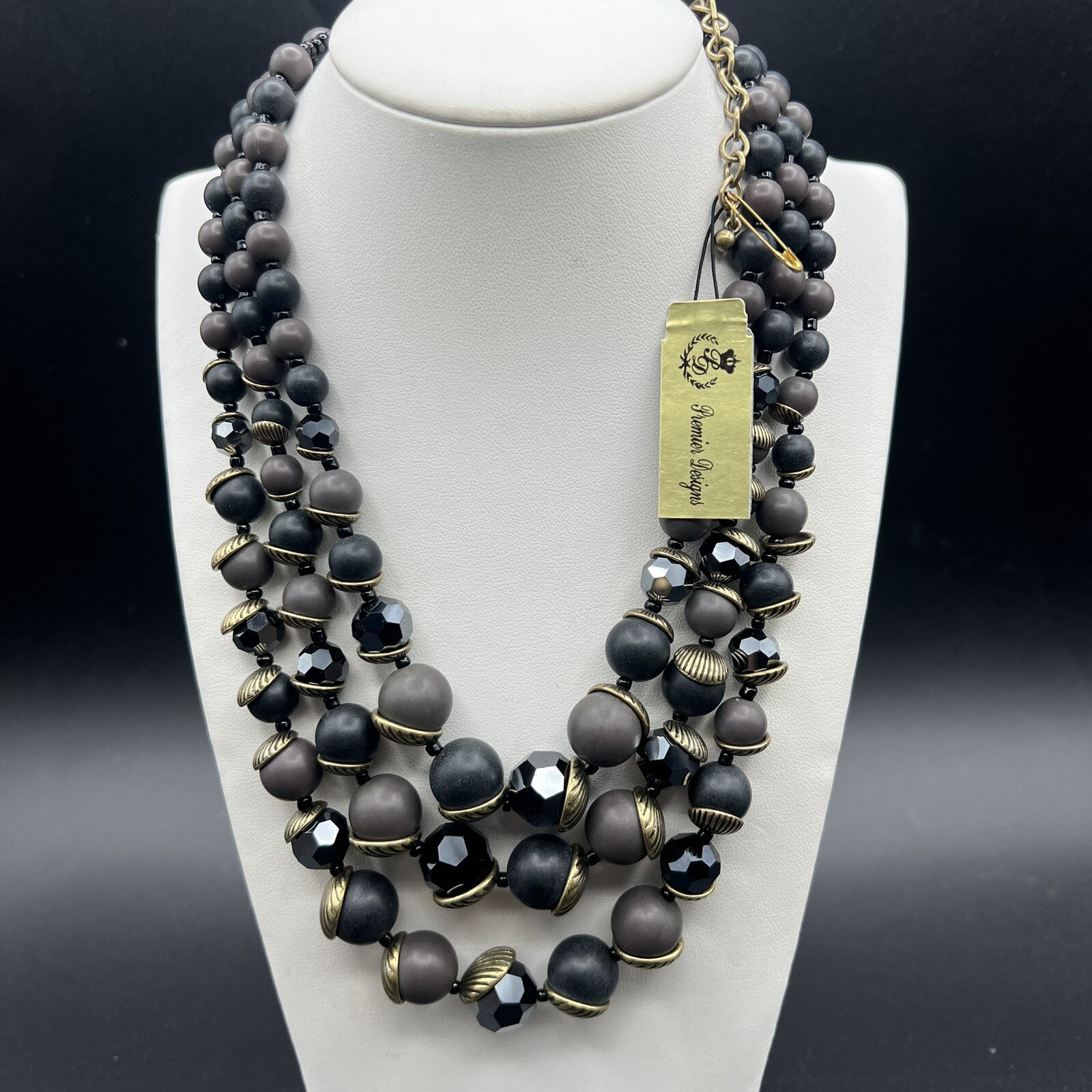 Premier Designs Black Glass & Gray Acrylic Beaded Multi Strand Necklace