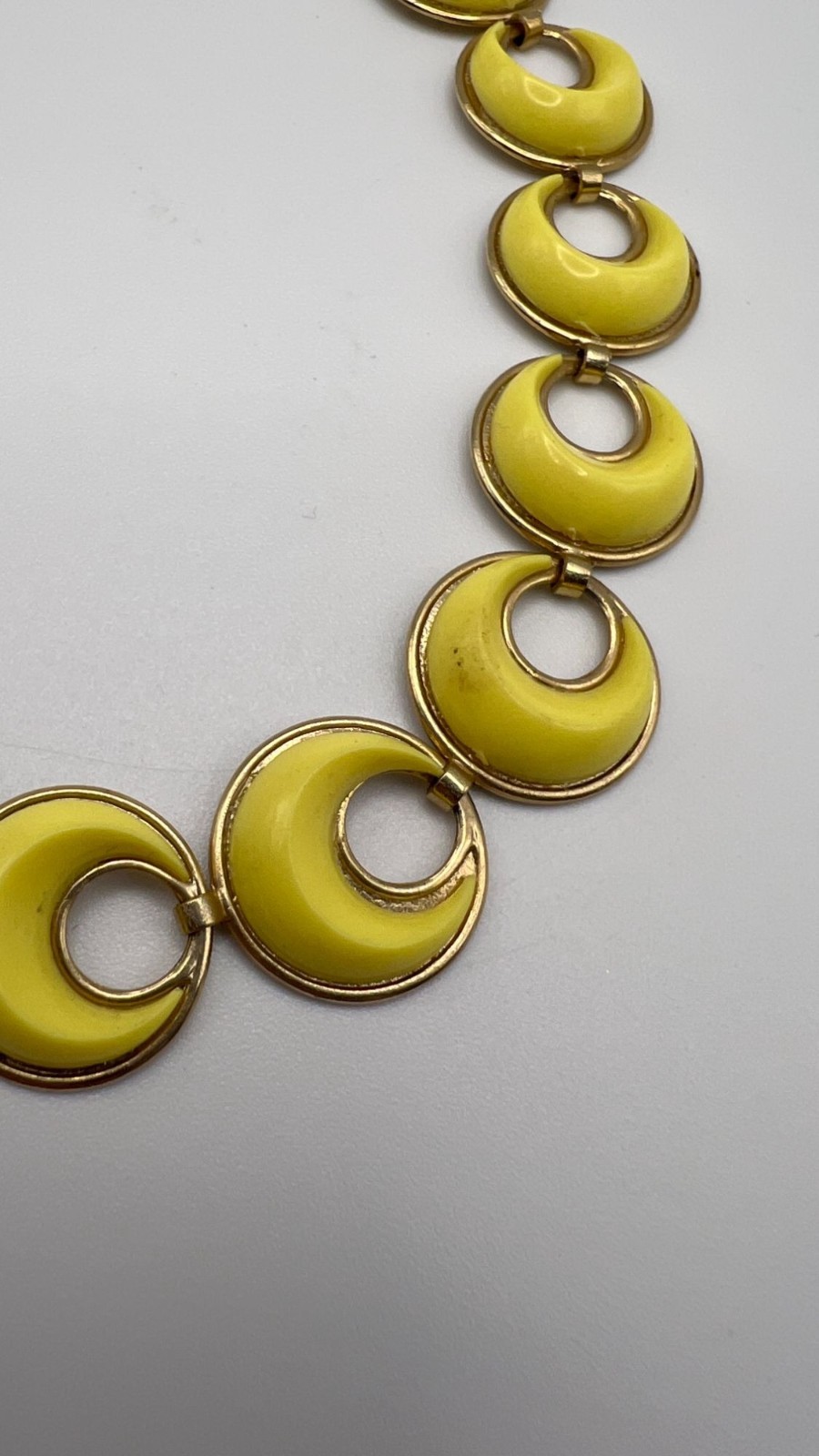 Vintage Yellow Crescent Moon Enamel Necklace With Gold-Tone Chain And Hook Clasp