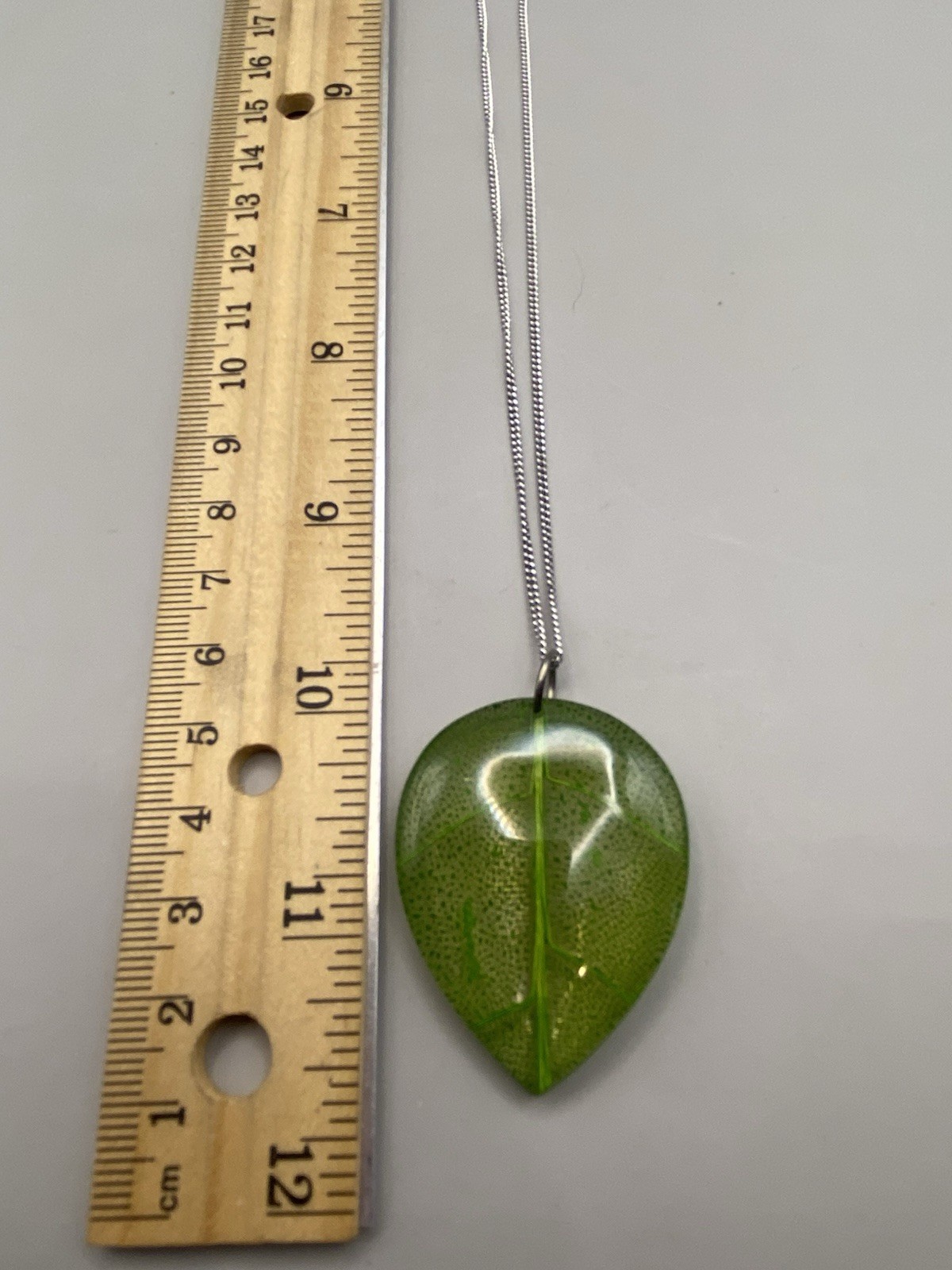 Vintage Green Resin Leaf Skeletal Pendant Necklace Silver Tone Chain Nature