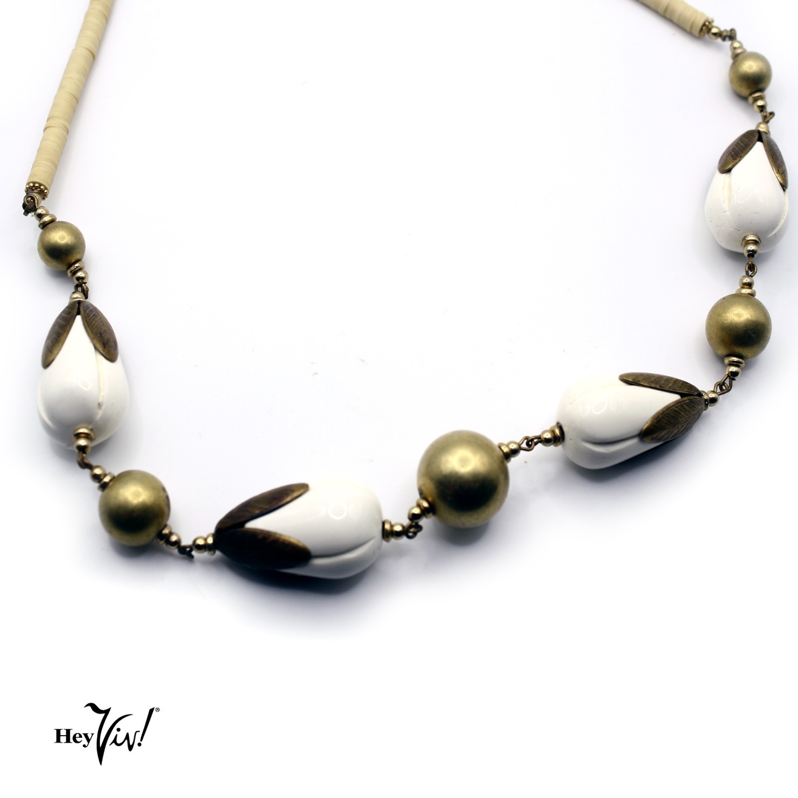 Vintage Statement Necklace Ivory and Gold Color Beads w Leaf Design 23″ -Hey Viv