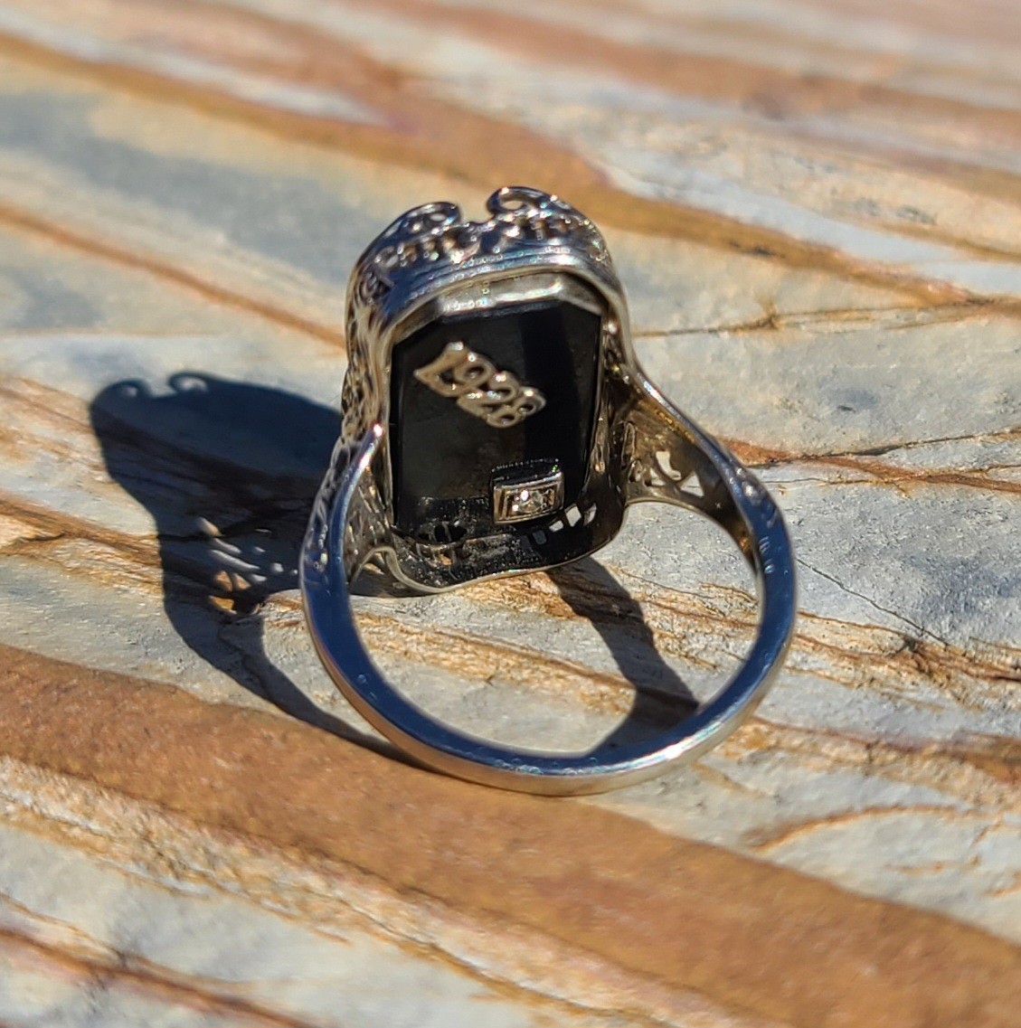 Antique 1928 Art Deco 14K White Gold Diamond Black Onyx Shell Cameo Flip Ring