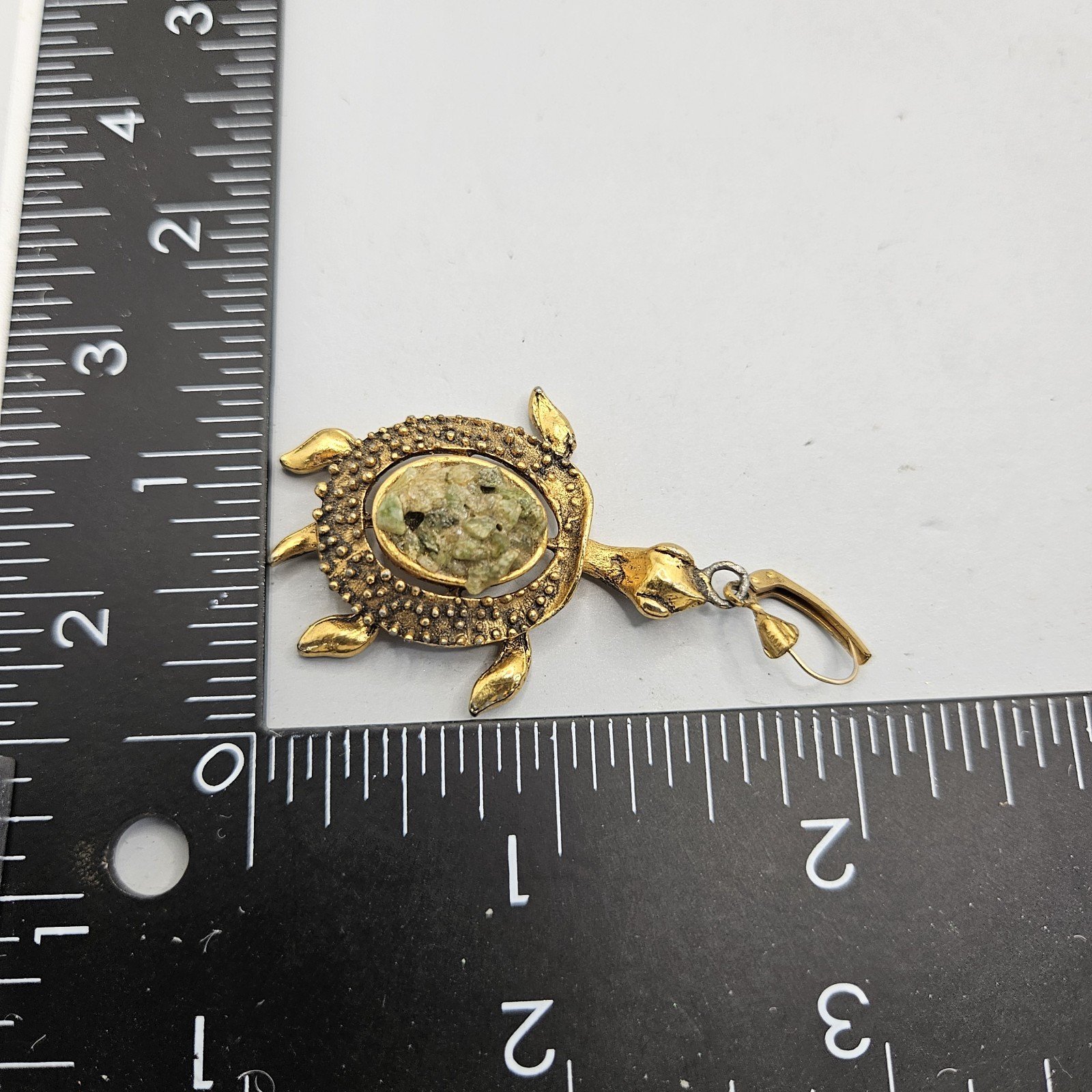 Vintage Gold Tone Turtle Earrings Dangle Hook Pierced Faux Druzy Stone Chunky2″
