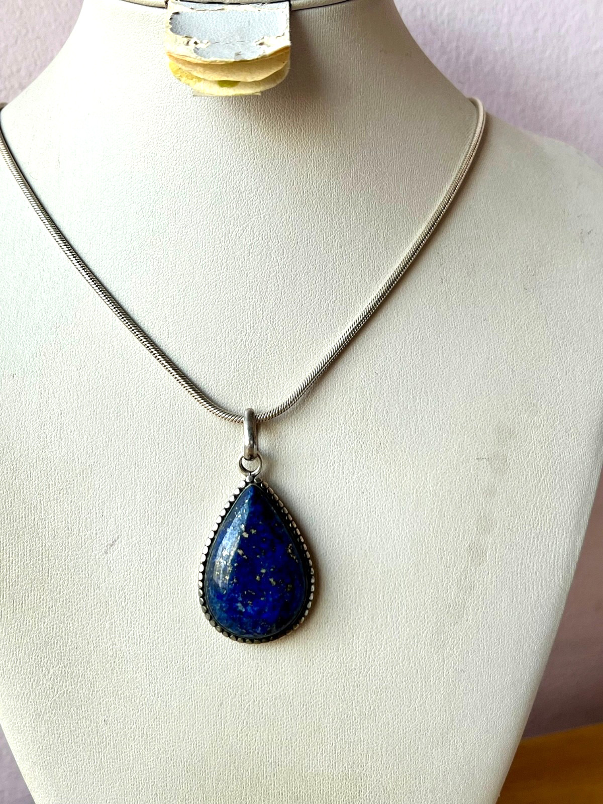VINTAGE LARGE LAPIS LAZULI PENDANT THICK SNAKE CHAIN NECKLACE 925 STERLING SLVER