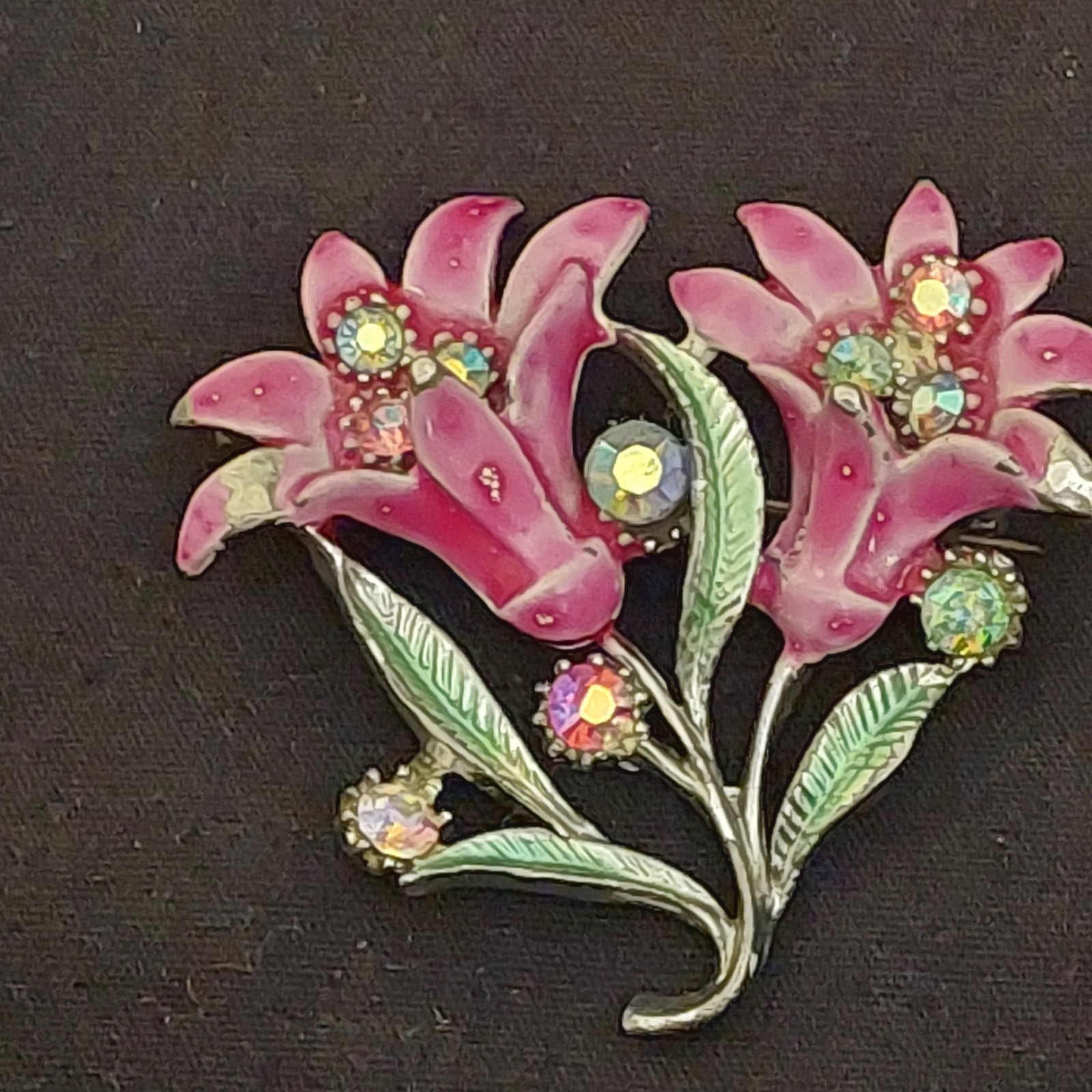 Vintage British Pink Green Guilloche Enamel Lily Rhinestones Flower Brooch