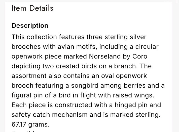 Vintage Openwork Bird & Berry Brooch 925 Silver 2″ Nature Motif Estate Auction