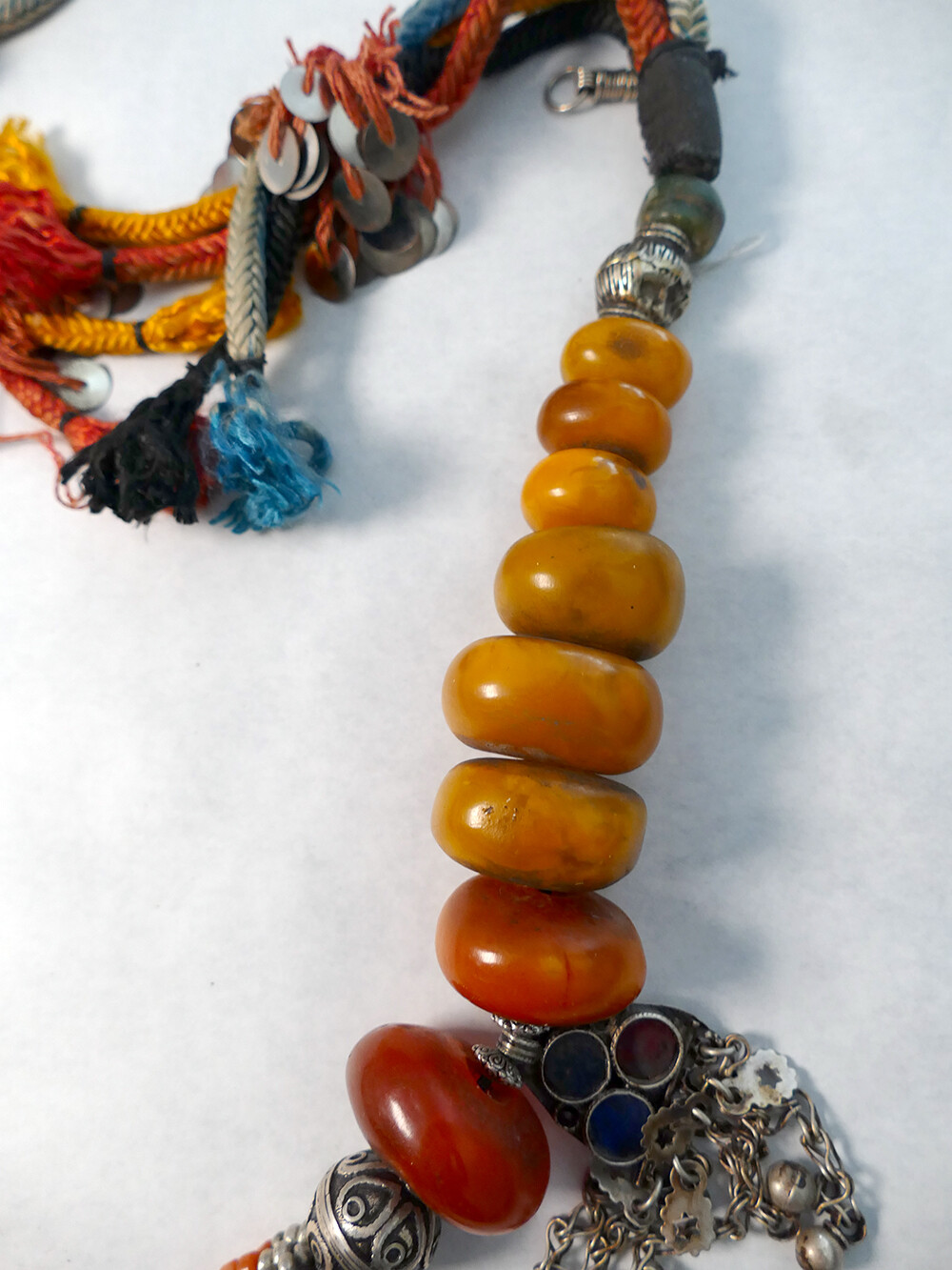 Art: Vintage Large 32″ Amber & Silver Berber Necklace from Morocco Lot A