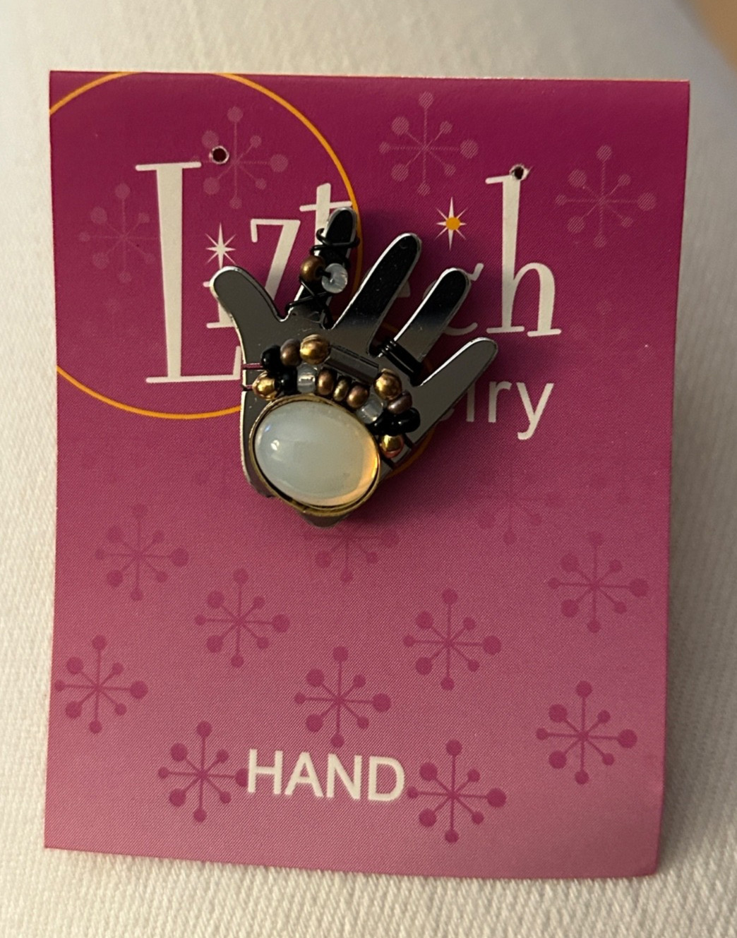 2006 LIZTECH Hand Pin Brooch Beaded Wire Wrapped Signed with Story Card