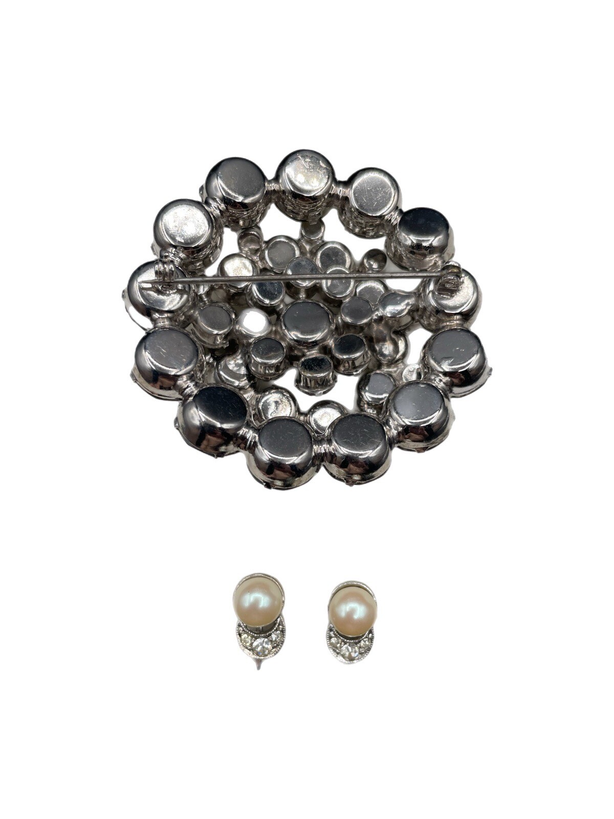 Vintage Pearl & Rhinestone Adjustable Clip-On Earrings & Gray Rhinestone Brooch
