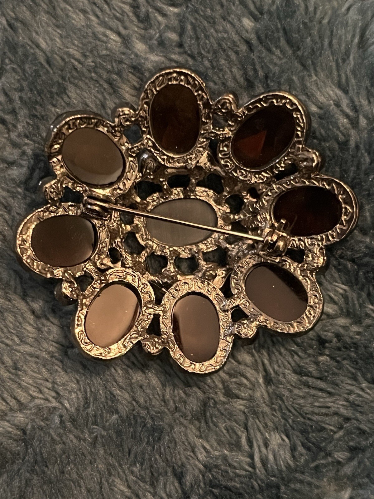 Jappaned Brooch Flower Faceted Brown, Black & Clear Rhinestones Tiger Eye Center