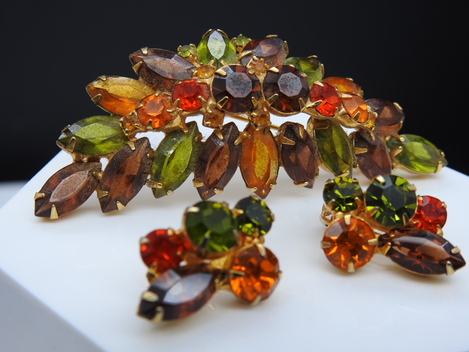 Juliana Rhinestone Brooch Clip Earrings Set Fall Colors Demi Parure Vintage