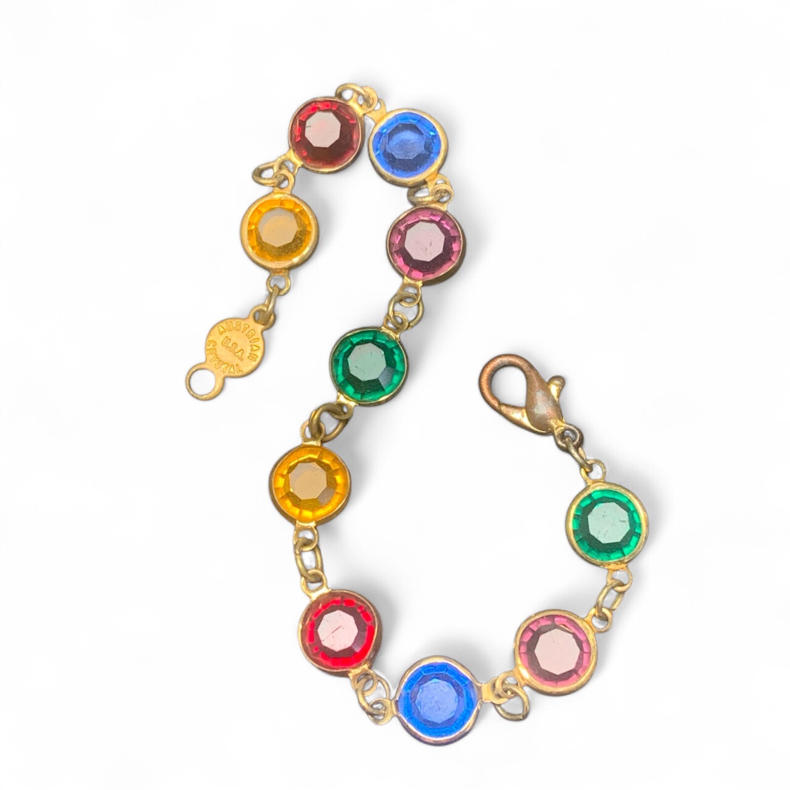 Austrian Crystal USA Signed Multi color Crystal Gold Tone Bracelet Vintage 7.5”