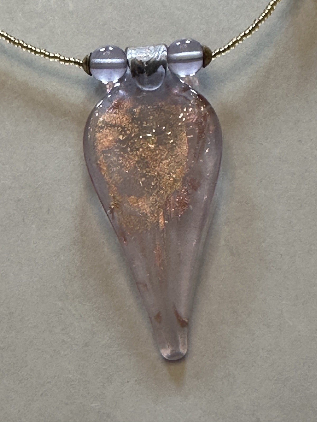 VTG Handmade Pale Lavender Pendant Necklace W/Gold-Toned Beaded Chain & Earrings