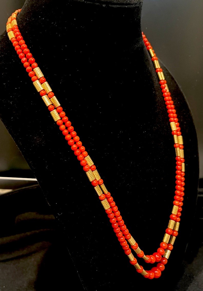Red Coral Ox Blood Round Pearl Beads Necklace 14K Gold Clasp 2-Strands 26” 44.9g