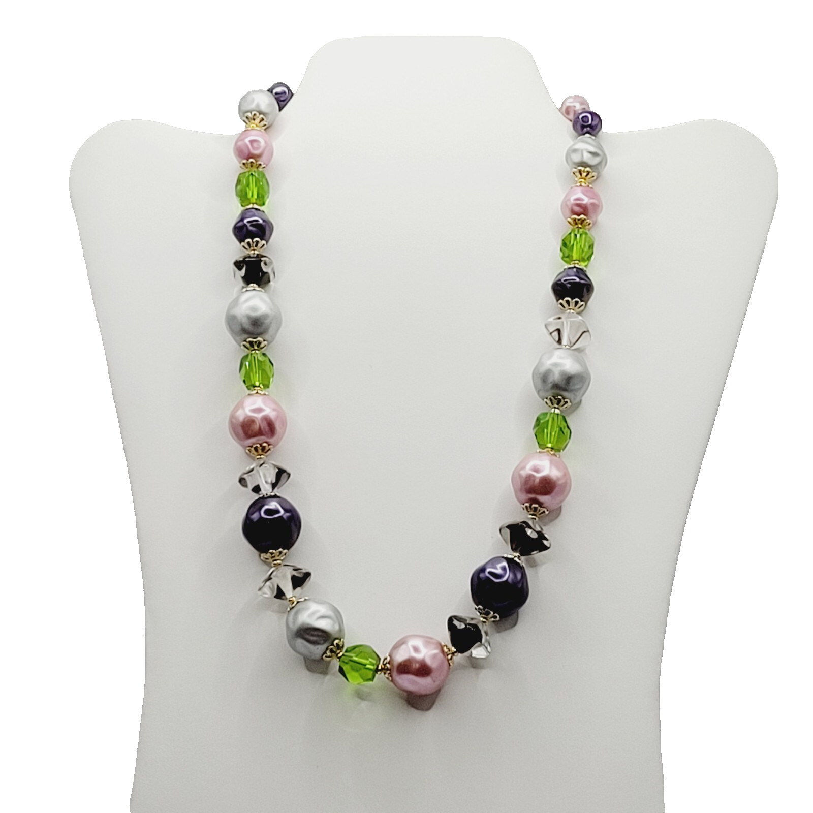Colorful Glass & Faux Pearl Style Multi Color Shape Bead Vintage Necklace 21 In