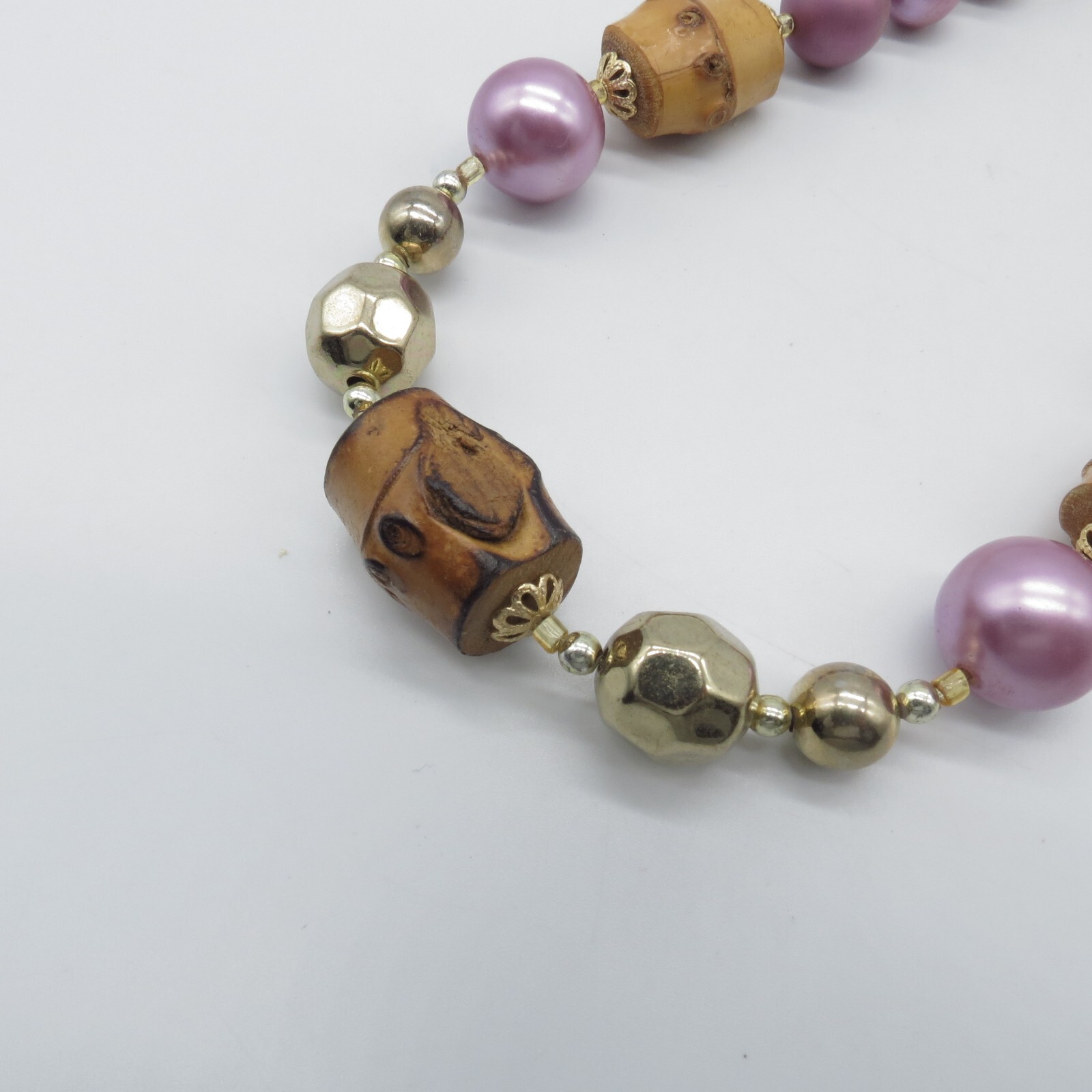 Vintage Japan Bamboo Pink Beaded Necklace Gold Tone Statement 17″