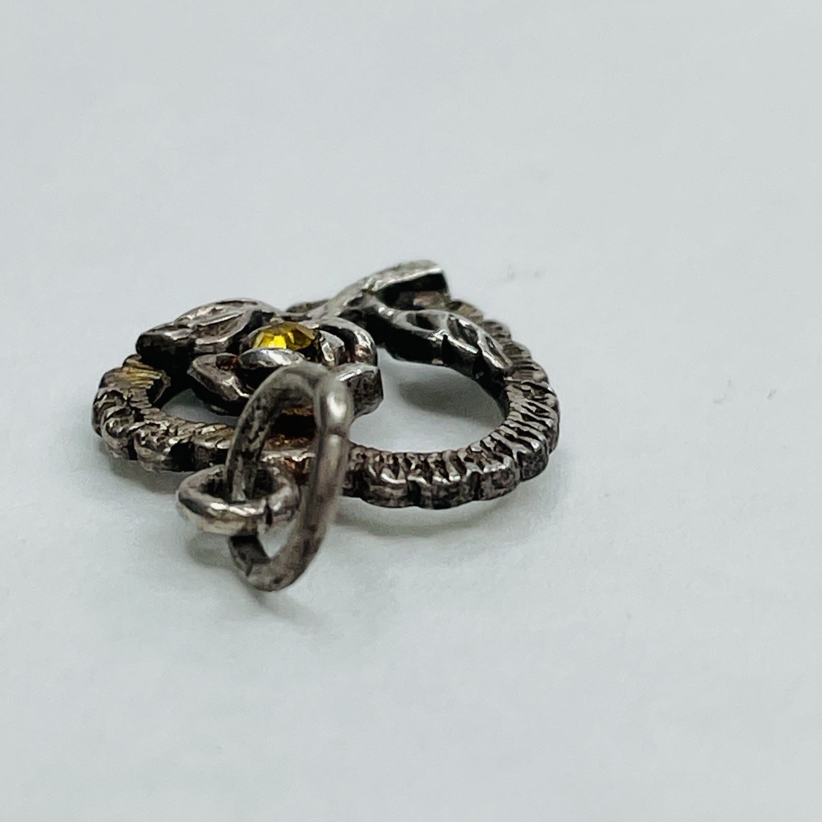 925 Sterling Silver Heart Charm Pendant Flower Yellow Rhinestone Mixed Metals