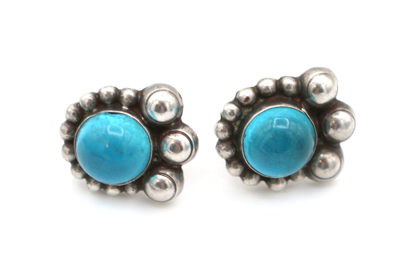 Vintage Taxco Mexican 980 Sterling Silver Blue Glass Clip On Earrings ~ Mexico