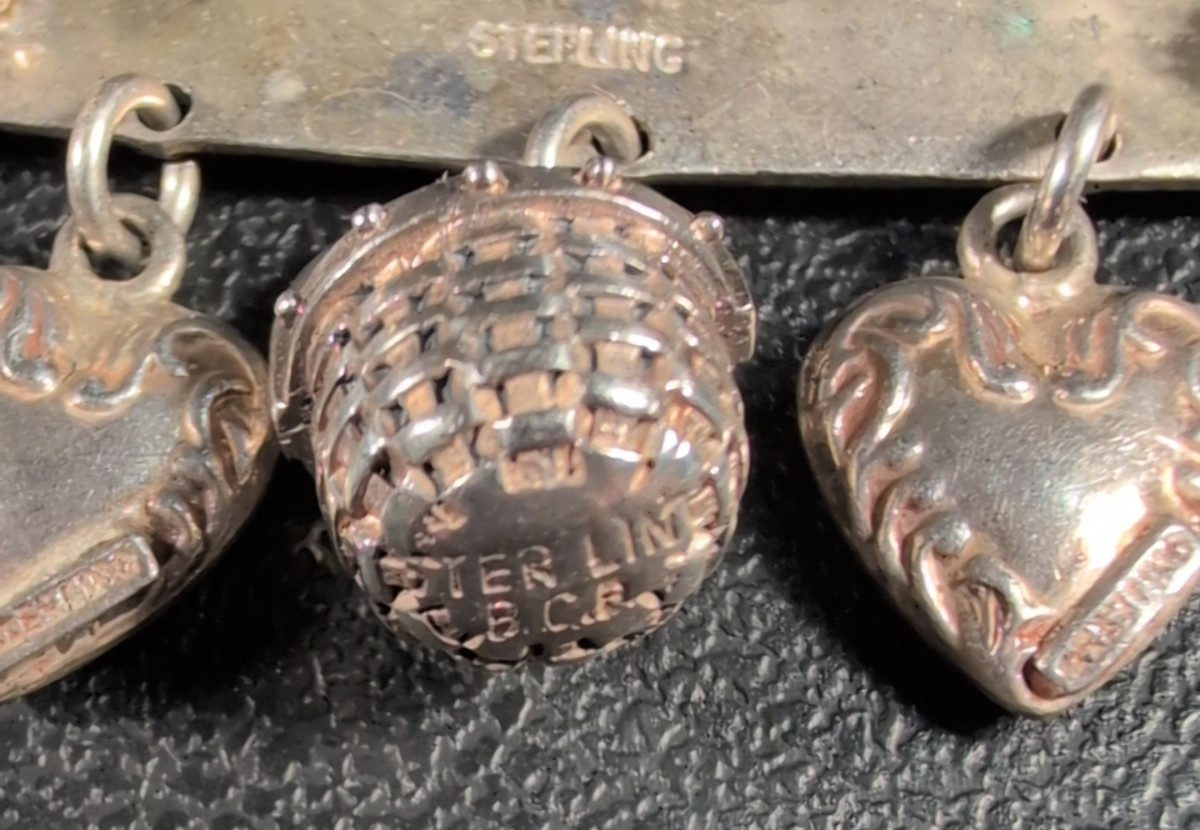 Bar Brooch Flowers &Scroll Design – Hearts and Basket Dangles – Sterling – Vtg