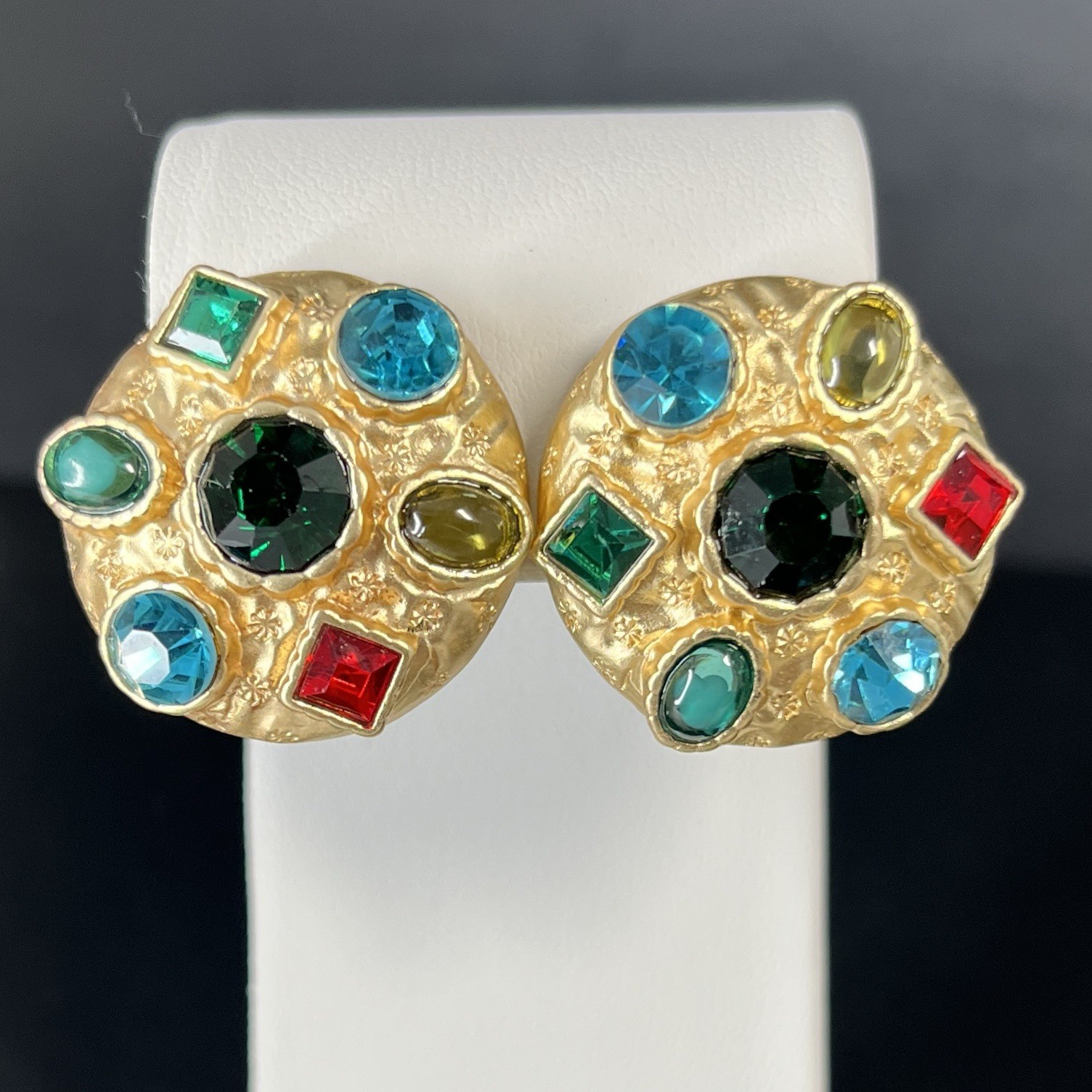 Byzantine Matte Gold Tone Earrings Round Rhinestone Gripoix Style Multicolor