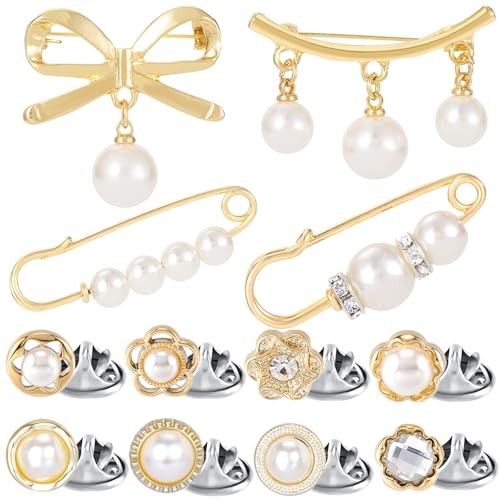 12pcs Pearl Junk Sock Charms Women Gold Rhinestone Bow Brooch Safety Pins