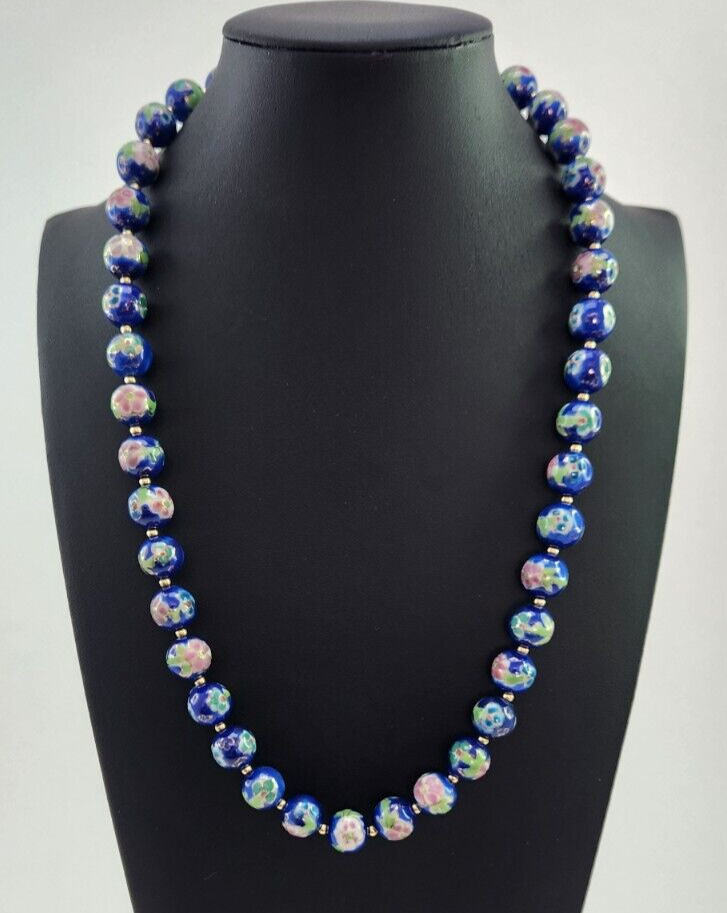 Vintage Japanese Cloisonne Bead Floral Necklace, Blue Pink and Green 22 Inches