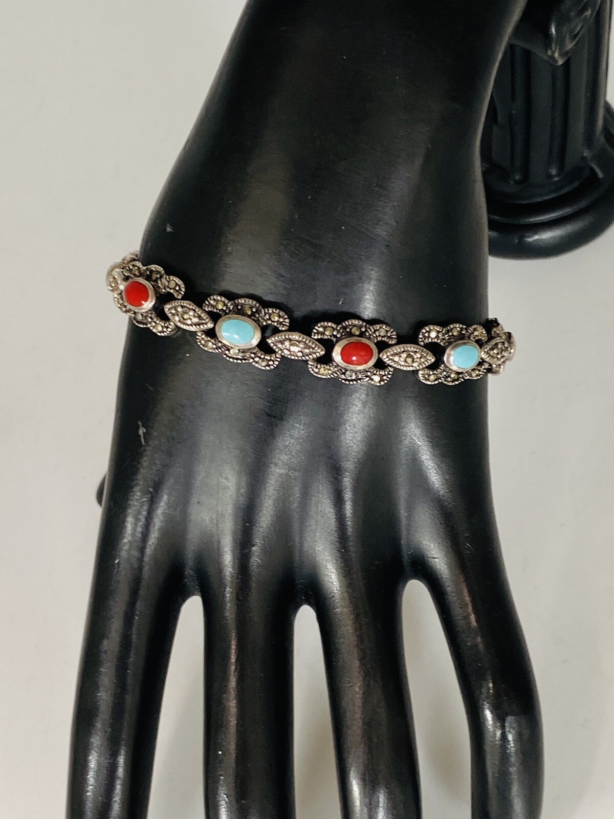 Vintage Sign Sterling Silver Multi Stone Turquoise Coral Marcasite Link Bracelet