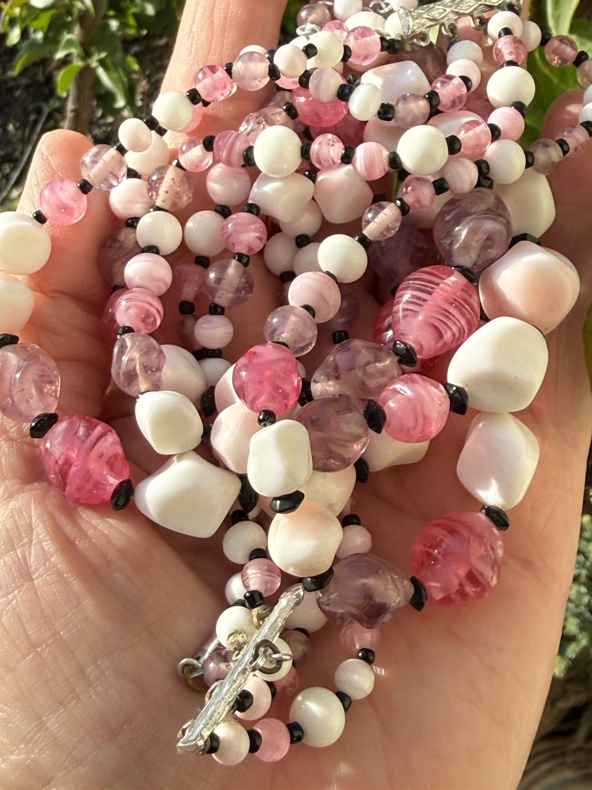 Vintage Japan Pink, Purple, White Glass Bead Necklace 4 Strand Layer Silver Tone