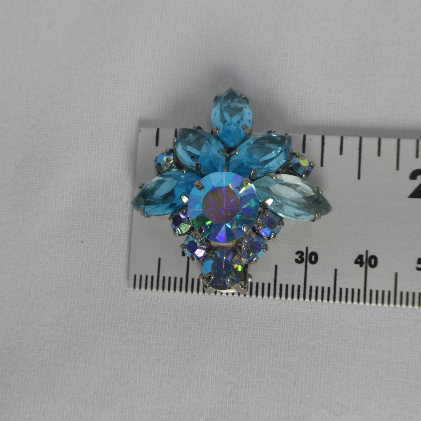 Borealis & Blue Crystal Silver Tone Setting Ear Clips Canada circa 1950s Costume