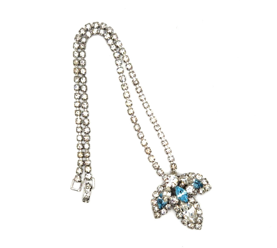 Blue White Silver Tennis Necklace 17 Inches Long Designer Rhinestone Vintage