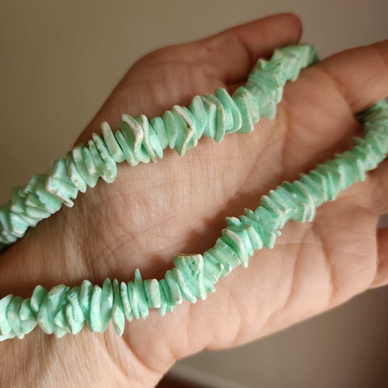Dyed Light Green Blue Puka Shell Chip Beaded Vintage Boho Surfer Beachy Necklace