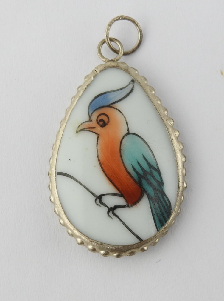 Vintage Hand Painted Porcelain Bird Pendant Teardrop Silver Tone Frame Art Deco