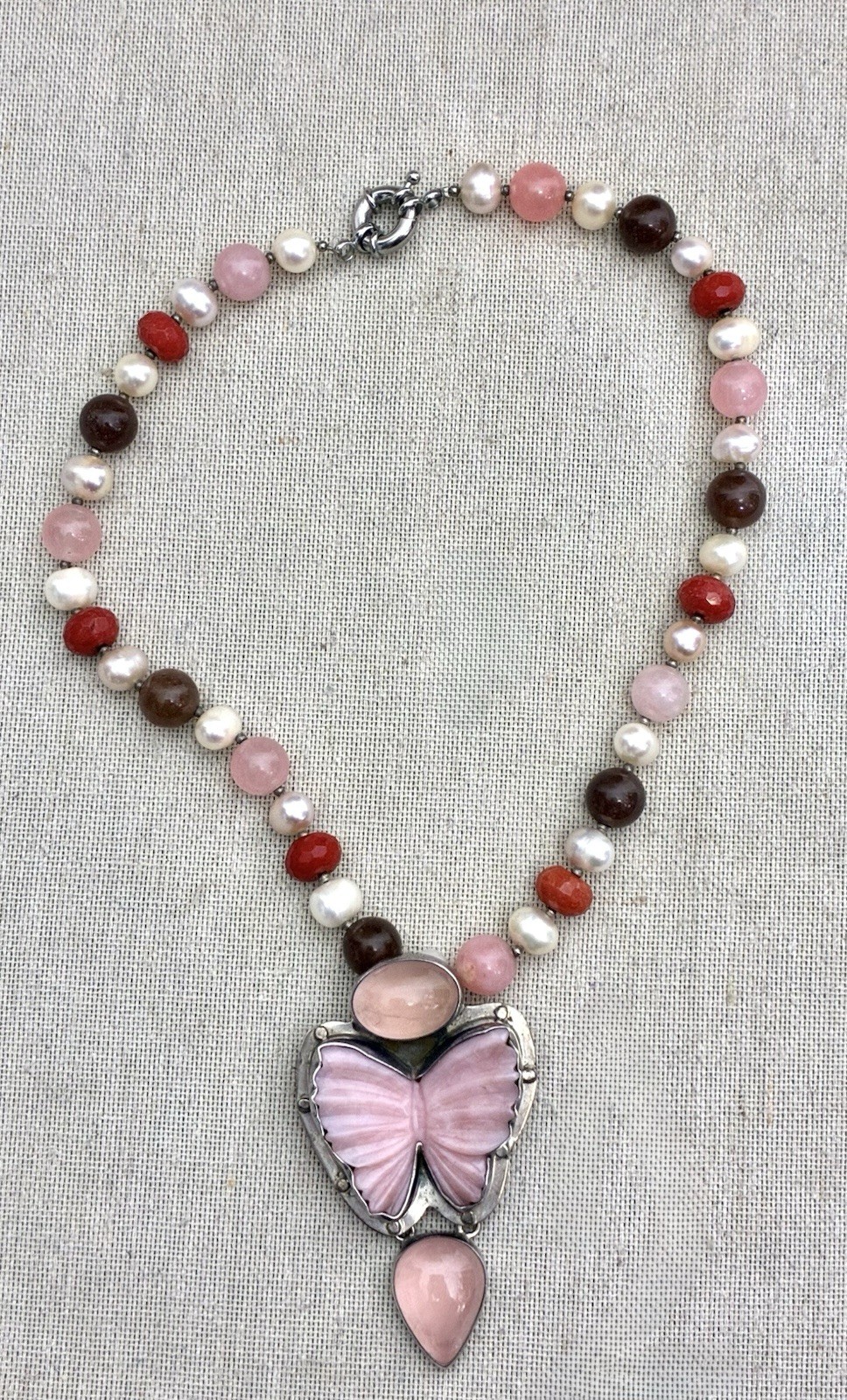 Sterling Silver AKR Amy Kahn Russel Rose QuartsButterfly Pendant Brooch Necklace
