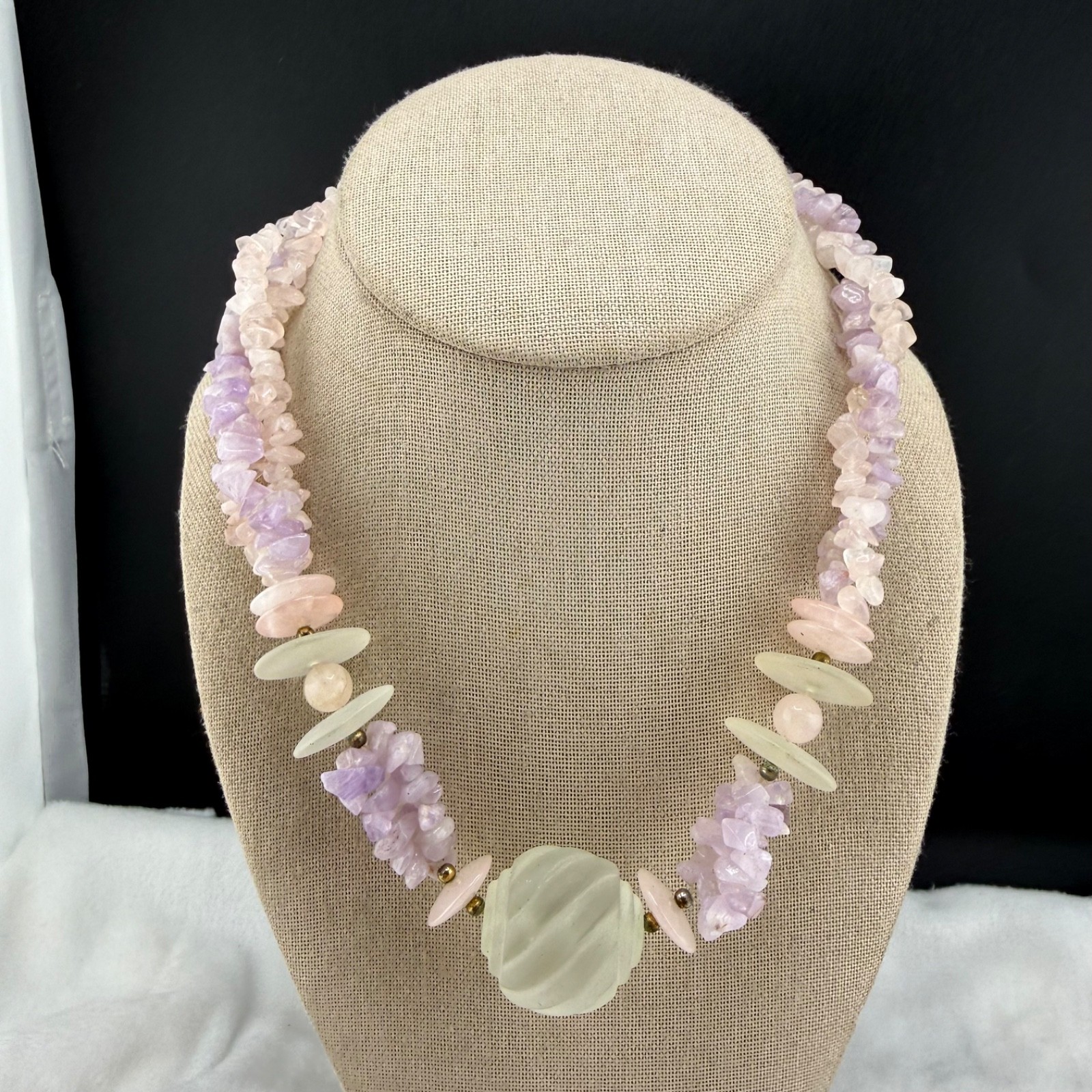 Vintage Polished Stone Beaded Necklace White Pink Purple Pastel 18”