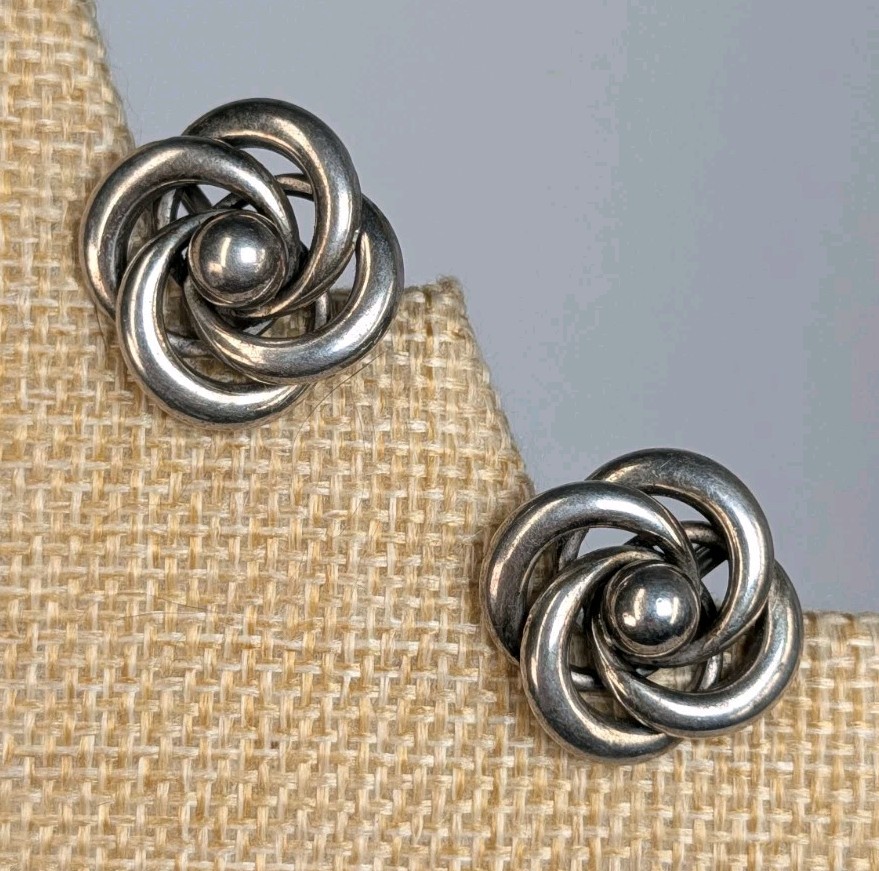 Vintage 50s Sterling Silver 925 Swirl Lovers Knot Screw Back Earrings
