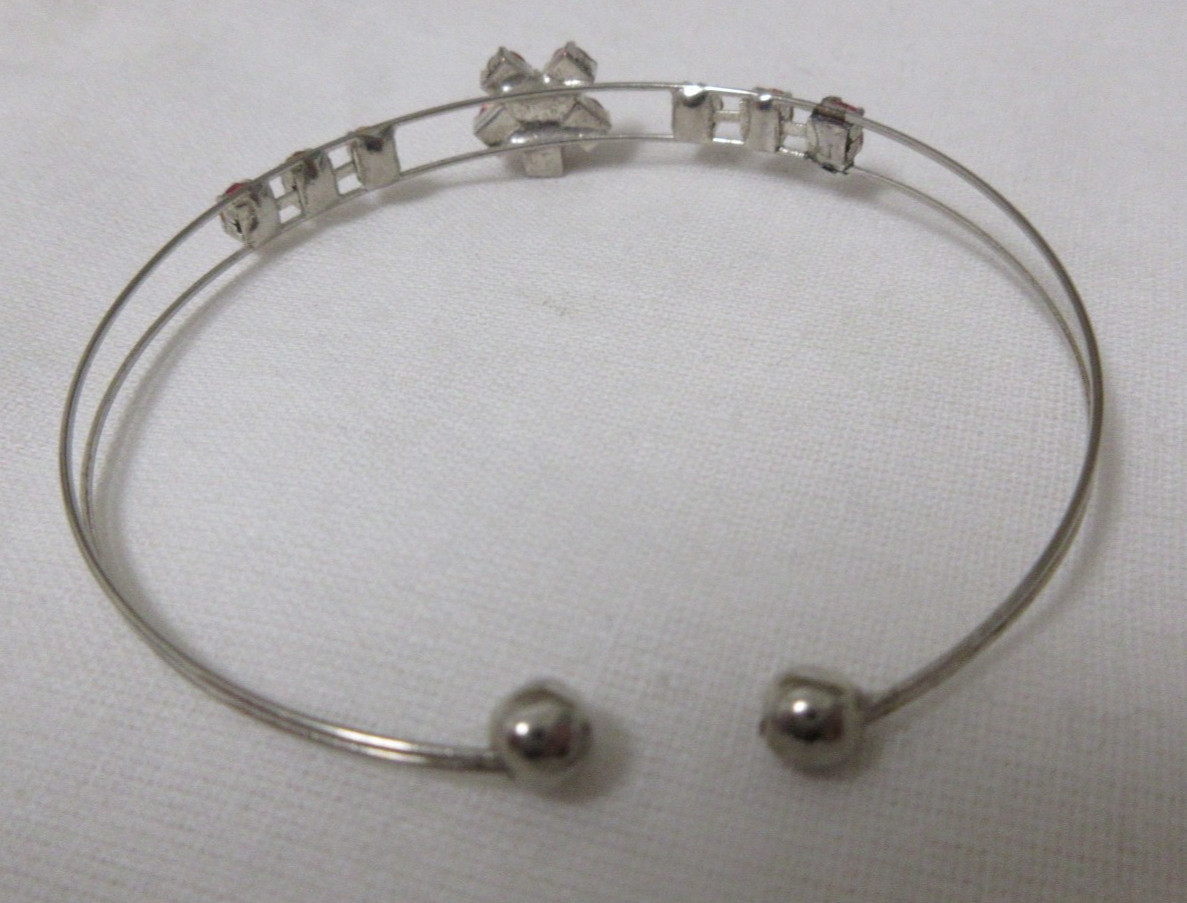 Vintage Silver Tone Pink Rhinestone Flower Cuff Bracelet 6 1/2 Inches