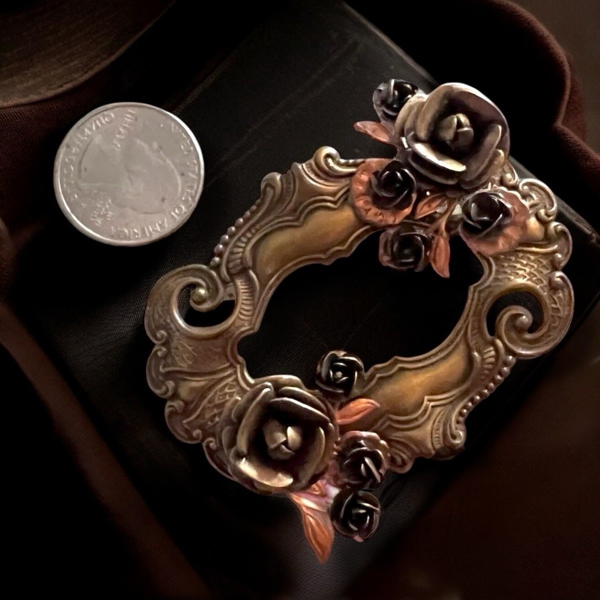 Victorian Revival L Rose Brooch Mixed Metal Gothic Vintage Dark Academia