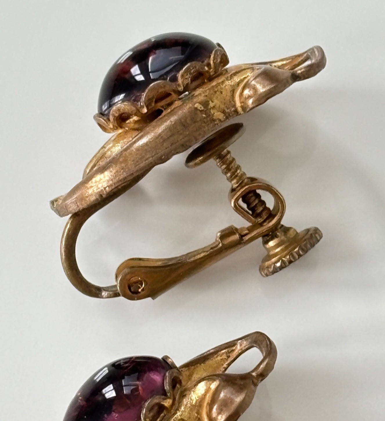 Vintage Miriam Haskell Earrings Signed Purple Pink Gripoix Glass Cabochon