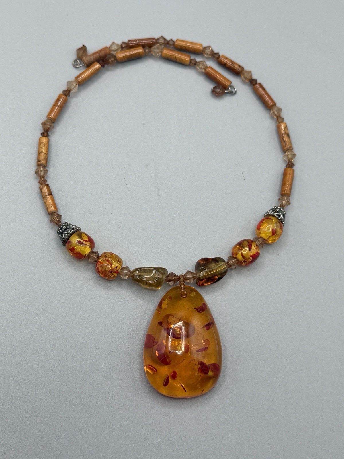 Vintage Amber Style Resin Pendant Necklace Beaded Statement Jewelry #999
