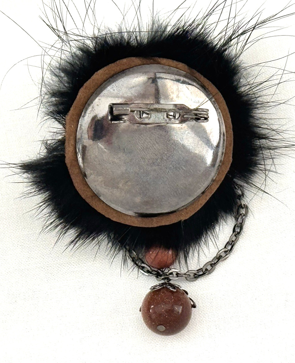 VTG Mink Fur Beaded Brooch 1960s Faux Pearl Aurora Borealis