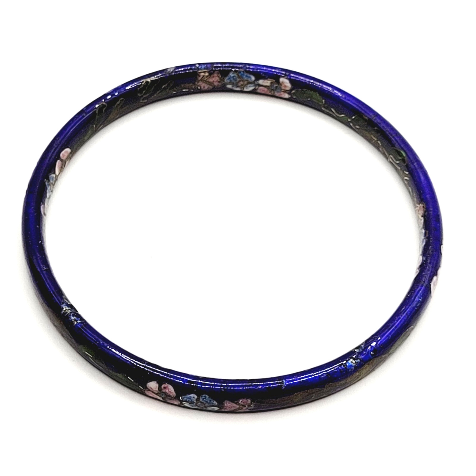 Cloisonné Asian Inspired Dark Cobalt Blue Floral Hand Painted Bangle Bracelet