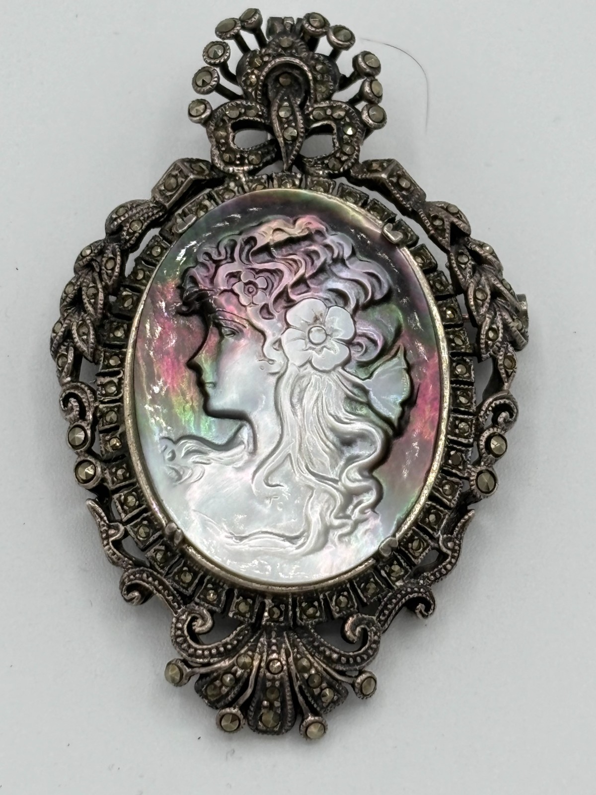 Antique German Art Deco 925 Sterling Silver Marcasite Cameo Brooch Pendant 33.2g